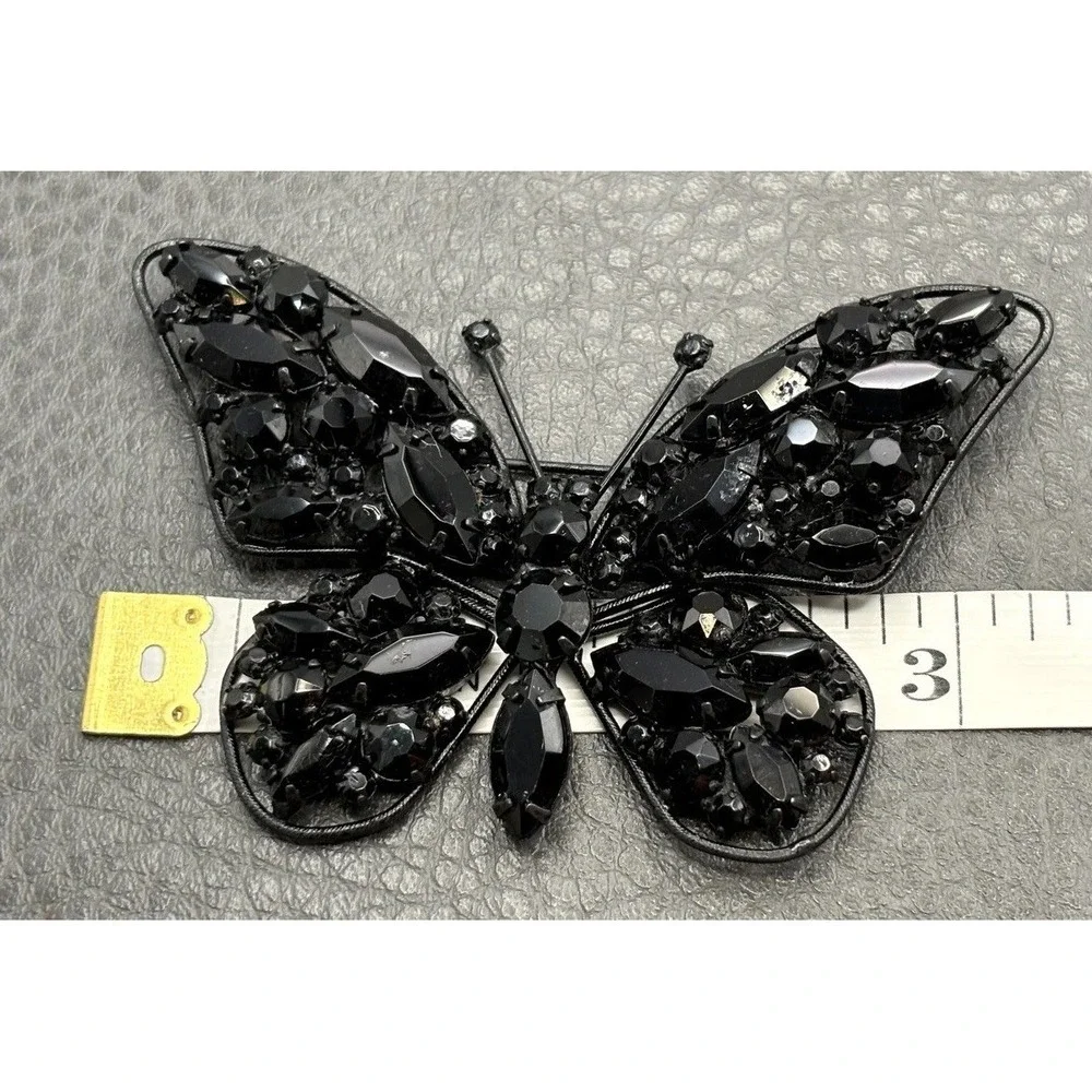 Vintage Large Black Rhinestone Butterfly Japanned Metal Brooch Pin